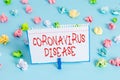 Handwriting text Coronavirus Disease. Concept meaning defined as illness caused by a novel virus SARSCoV2 Colored