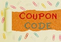 Handwriting text Coupon Code. Concept meaning ticket or document that can be redeemed for a financial discount Paper Royalty Free Stock Photo
