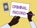 Handwriting text Criminal Record. Concept meaning profile of a demonstrating criminal history with details Top View Man Royalty Free Stock Photo