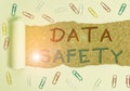 Handwriting text Data Safety. Concept meaning concerns protecting data against loss by ensuring safe storage Paper clip Royalty Free Stock Photo