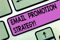 Handwriting text Email Promotion Strategy. Concept meaning Giving discounts or added gift to attract customer Keyboard