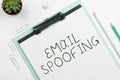 Handwriting text Email Spoofing. Business idea secure the access and content of an email account or service