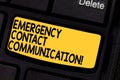 Handwriting text Emergency Contact Communication. Concept meaning Notification system or plans during crisis Keyboard Royalty Free Stock Photo