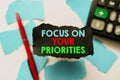 Handwriting text Focus On Your Priorities. Business showcase remove distractions Have a life plan Be a fortress Abstract