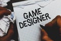 Handwriting text Game Designer. Concept meaning Campaigner Pixel Scripting Programmers Consoles 3D Graphics Man holding marker not Royalty Free Stock Photo