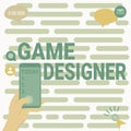 Hand writing sign Game Designer. Conceptual photo Campaigner Pixel Scripting Programmers Consoles 3D Graphics Hands