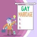 Handwriting text Gay Marriage. Concept meaning entered into in a civil or religious ceremony of the same sex Successful