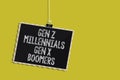 Handwriting text Gen Z Millennials Gen X Boomers. Concept meaning Generational differences Old Young people Hanging blackboard mes