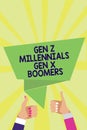 Handwriting text Gen Z Millennials Gen X Boomers. Concept meaning Generational differences Old Young people Man woman hands thumbs