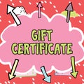 Handwriting text Gift Certificate. Word Written on firm sells the same products to the global market Important Messages