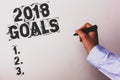 Handwriting text 2018 Goals 1. 2. 3.. Concept meaning Resolution Organize Beginnings Future Plans Advisors hand holding black mark Royalty Free Stock Photo