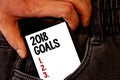 Handwriting text 2018 Goals 1. 2. 3.. Concept meaning Resolution Organize Beginnings Future Plans Brown jeans back pocket hand pus Royalty Free Stock Photo