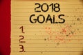 Handwriting text 2018 Goals 1. 2. 3.. Concept meaning Resolution Organize Beginnings Future Plans Mellow yellow color page written Royalty Free Stock Photo