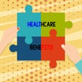 Handwriting text Healthcare Benefits. Concept meaning monthly fair market valueprovided to Employee dependents Four