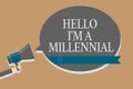 Handwriting text Hello I am A Millennial. Concept meaning person reaching young adulthood in current century Grey colour sound spe