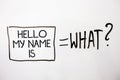 Handwriting text Hello My Name Is. Concept meaning Introduce yourself meeting someone new Presentation White shadow messages ask e