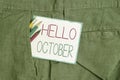 Handwriting text Hello October. Concept meaning Last Quarter Tenth Month 30days Season Greeting Writing equipment and Royalty Free Stock Photo