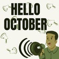 Handwriting text Hello October. Concept meaning Last Quarter Tenth Month 30days Season Greeting Businessman Talking Royalty Free Stock Photo