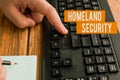 Handwriting text Homeland Security. Business idea federal agency designed to protect the USA against threats Hands Royalty Free Stock Photo