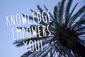 Handwriting text Knowledge Empowers You Call. Concept meaning Education responsible to achieve your success Tall palm tree blue sk Royalty Free Stock Photo