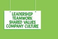 Handwriting text Leadership Teamwork Shared Values Company Culture. Concept meaning Group Team Success Hanging board message commu Royalty Free Stock Photo