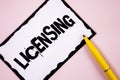 Handwriting text Licensing. Concept meaning Grant a license Legally permit the use of something Allow activity written on White St Royalty Free Stock Photo