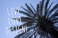 Handwriting text Live, Love, Design Motivational Call. Concept meaning Exist Tenderness Create Passion Desire Tall palm tree blue