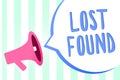 Handwriting text Lost Found. Concept meaning Things that are left behind and may retrieve to the owner Megaphone loudspeaker strip Royalty Free Stock Photo