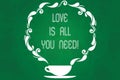 Handwriting text Love Is All You Need. Concept meaning Inspiration roanalysistic feelings needed motivation Cup and