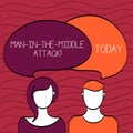 Handwriting text Man In The Middle Attack. Concept meaning Communication between two users is monitored Blank Faces of Royalty Free Stock Photo