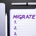 Text sign showing Migrate. Business concept to move or travel from one country place or locality to another