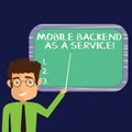 Handwriting text Mobile Backend As A Service. Concept meaning Mbaas Link web and mobile apps to cloud storage Man Standing Holding Royalty Free Stock Photo