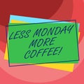 Handwriting text Less Monday More Coffee. Concept meaning Hot beverage to get inspired in the week beginning Pile of