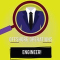 Handwriting text Offshore Operations Engineer. Concept meaning Supervising oil and gas operations in the rig Magnifying