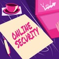 Handwriting text Online Security. Word for rules to protect against attacks over the Internet Laptop Resting Beside