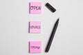Handwriting text Open Source. Word for denoting software which original source code freely available Royalty Free Stock Photo