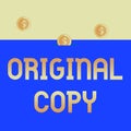 Handwriting text Original Copy. Concept meaning Main Script Unprinted Branded Patented Master List Three gold spherical