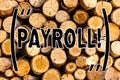 Handwriting text Payroll. Concept meaning Total salaries paid by a company to its employees Wooden background vintage wood wild