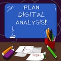 Handwriting text Plan Digital Analysis. Concept meaning Analysis of qualitative and quantitative digital data Mounted