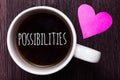 Handwriting text Possibilities. Concept meaning Things that may happen or be the case State of being possible Mug coffee lovely th