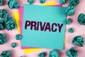 Handwriting text Privacy. Concept meaning Right to keep personal matters and information as a secret written on Sticky Note Paper