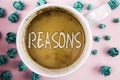 Handwriting text Reasons. Concept meaning Causes Explanations Justifications for an action or event Motivation written on Coffee i