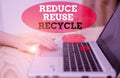 Handwriting text Reduce Reuse Recycle. Concept meaning ways can eliminate waste protect your environment