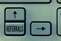 Handwriting text Referrals. Concept meaning Act of referring someone or something for consultation review