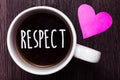 Handwriting text Respect. Concept meaning Feeling of deep admiration for someone or something Appreciation Mug coffee lovely thoug