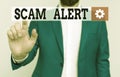 Handwriting text Scam Alert. Concept meaning warning someone about scheme or fraud notice any unusual Businessman in Royalty Free Stock Photo