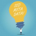 Handwriting text Seo Meta Data. Concept meaning Search Engine Optimization Online marketing strategy.