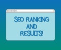 Handwriting text Seo Ranking And Results. Concept meaning Search Engine Optimization statistics analytics Monitor Screen