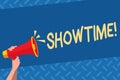 Handwriting text Showtime. Concept meaning Time a Play Film Concert Perforanalysisce Event is scheduled to start. Royalty Free Stock Photo