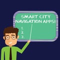 Handwriting text Smart City Navigation Apps. Concept meaning Connected technological advanced modern cities Man Standing Royalty Free Stock Photo